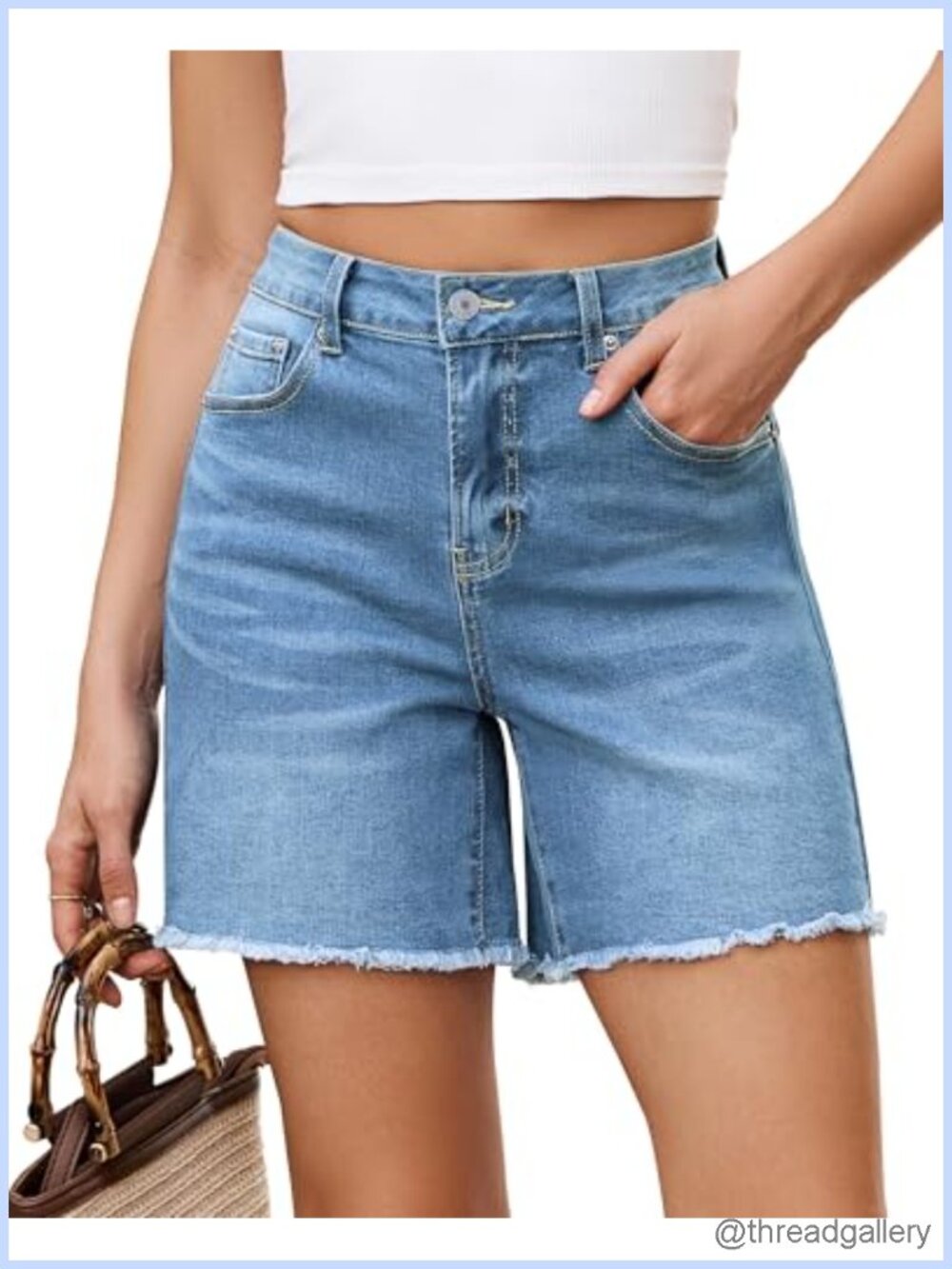 High Waisted Raw Hem Denim Jean Shorts Womens 6 Inch Inseam Stretch